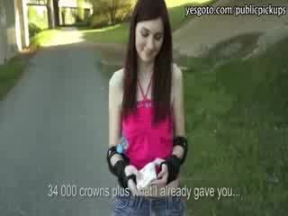 Cute rollerblades girl flashes her tits and banged for cash