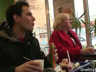 Huge grandma swallows his horny cock