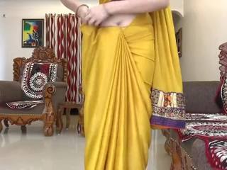 Indian Desi Bhabhi Wearing Yellow Saree Front of Devar